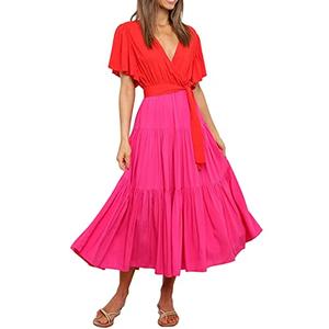 R.Vivimos Summer Dress for Women Cotton Ruffle Short Sleeves V Neck Casual Flowy Midi Dress with Belt (Medium, RedHotPink-Shortsleeve)