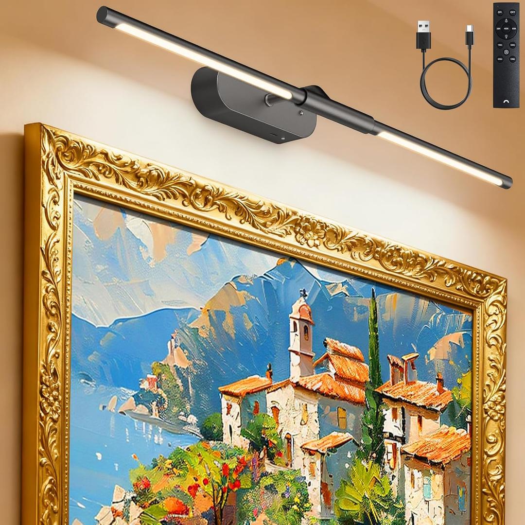 Glendan Wireless Picture Light for Wall: 24" Rechargeable Art Light with Remote & Timer, 8000mAh Battery Operated Poster Lights, 3 Color Modes & 3 Brightness Levels for Pictures, Gallery, Frame