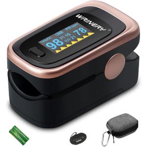 Oxygen Saturation Monitor, Wrinery Premium Pulse Oximeter Fingertip, Oxygen Monitor, O2 Saturation Monitor, OLED Portable Oximetry with Batteries, Lanyard (Rose gold-Royal black)