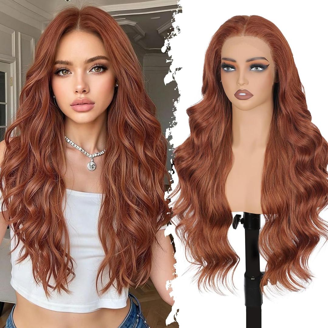 Lativ Auburn Synthetic Lace Front Wig,13x4 HD Lace Ginger Long Wavy Curly Glueless Wig for Women Daily Use 26 Inch