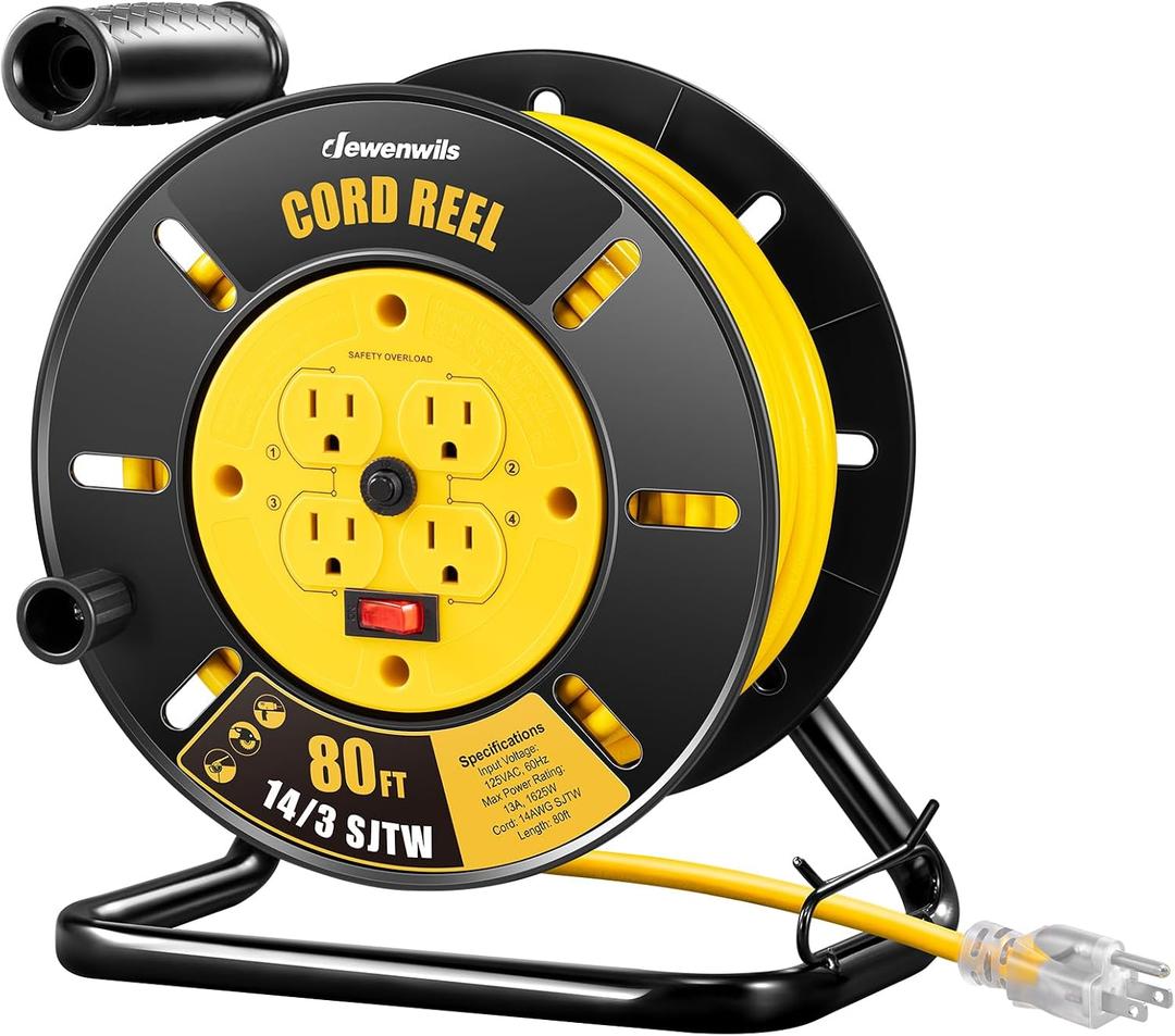 DEWENWILS Retractable Extension Cord Reel, 80FT Heavy Duty Open Cord Reel for Indoor Outdoor, 14/3 AWG SJTW, 4 Grounded Outlets, 13 Amp Circuit Breaker,Handle Rewind, Metal Stand, ETL Listed