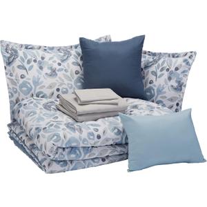 Amazon Basics Queen Comforter Set, Soft Microfiber, Machine Washable, Blue Watercolor Floral, 10-Piece