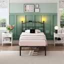 Twin XL Bed Frame with Headboard, 14 inch Metal Bedframe with Entertainment Night Lights, Outlets & USB, Heavy Duty Basic Steel Slats Platform, Noise Free