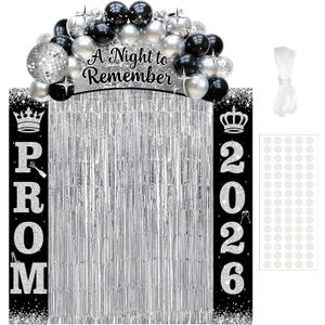 Prom Decorations 2026: Prom 2026 Banners Foil Fringe Backdrop Curtains Black and Silver Prom Send Off Decorations 2026 with Porch Sign for Door Home Photo Props Graduation Party Supplies