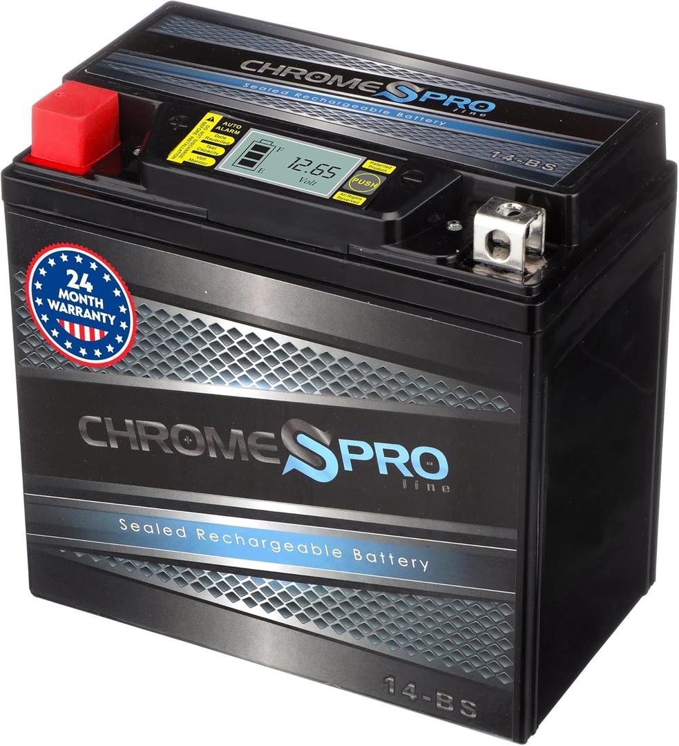 Chrome S Pro iGel YTX14-BS Maintenance-Free, 210CCA, LCD Voltage Display, 12V 16Ah Battery Replacement for ATV, Motorcycle, Jet Skis, Scooter, UTV, and More - Nut and Bolt (T3) Terminal