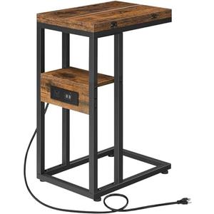 HOOBRO Foldable End Table, C Shaped Side Table with Charging Station, Sofa Couch Table That Slide Under for Living Room Bedroom Small Spaces, Easy Assembly, Rustic Brown and Black BF29USF01