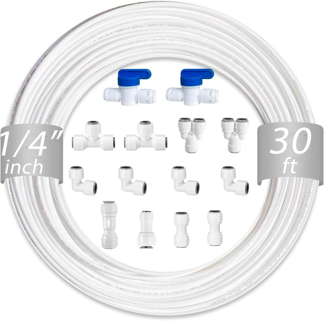 NSF 1/4" inch Water Line Tubing and Push to Connect Fittings for Reverse Osmosis Water Filter RO fittings,14 pcs connetors+30 feet 1/4" O.D. (6.4mm) water tubing.