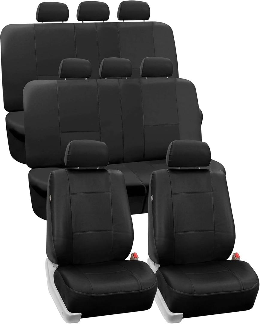 FH GRO Car Seat Covers PU Leather 3 Row 8 Seater Car Seat Covers, Airbag Compatible and Split Bench - Fit Most Car, Truck, SUV, & Van Solid Black