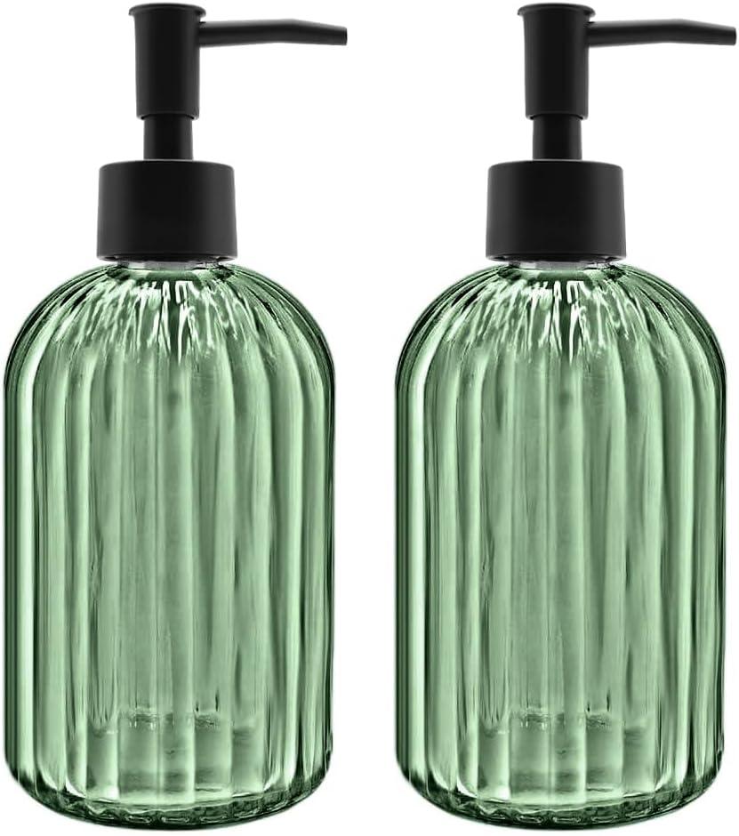 2 Pack 14oz Glass Soap Dispenser with Black Pump  Refillable for Hand Soap, Dish Soap, Lotion, Suited for Kitchen, Bathroom & Laundry Room(Olive Green)