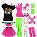 80s Outfit Women Costume Accessories Set, T-Shirt Tank Top Leggings Tutu Skirt Fanny Pack for Halloween, 80s Neon Party Size XXL