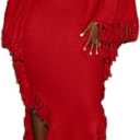 LETSVDO Women's Fringe Sweater Dress Long Sleeve Bodycon Batwing Knit Mock Neck Slit High Low Party Maxi Dresses, Red, X-Large