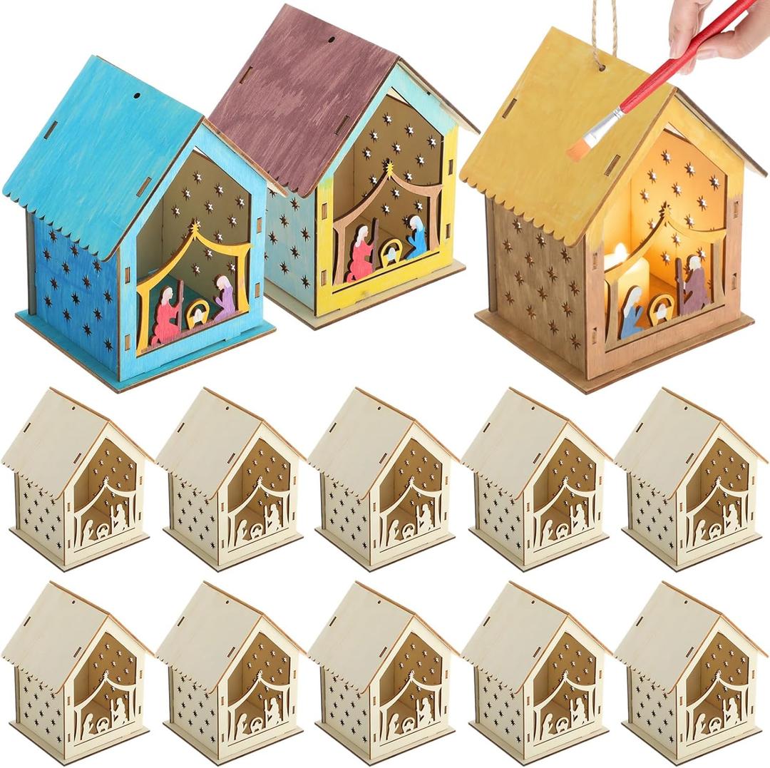 12 Pcs Christmas Nativity Painting Craft Kits for Kids Nativity House Religious Craft for Kids Make Your Own Jesus House DIY Wooden Christian Christmas Ornaments for Art Sunday School
