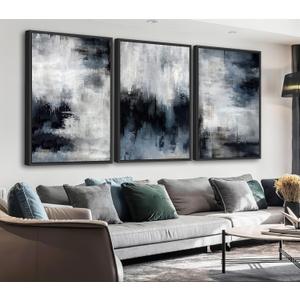 Framed Abstract Wall Art - Natural Framed Rustic Blue Canvas Pictures for Living Room Modern Canvas Prints for Bedroom, Black Float Frame Art for Home Office Kitchen Decor, 3pcs, 16x24