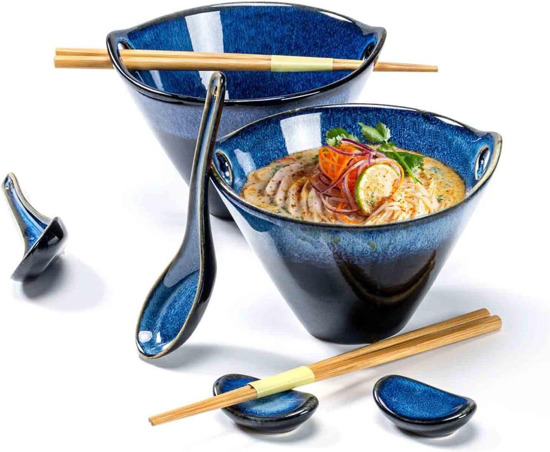 Henten Home 20 OZ Ramen Bowls Set, Ceramic Japanese Noodle Bowls Set of 2, Porcelain Deep Salad Bowl with Chopsticks for Udon, Reactive Glaze, Microwave Safe (Blue A2)