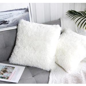 Uhomy 2 Packs Fluffy Accent Pillows Cover 22"x22", Soft White Faux Fur Throw Pillow Case, Modern Luxury Decorative Square Cushion Cover for Farmhouse Home Decor for Sofa/Bed/Chair, 55x55cm