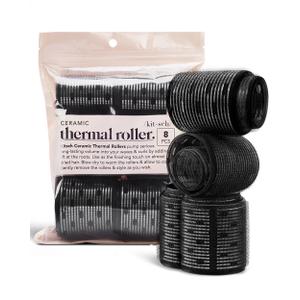Kitsch Ceramic Thermal Hair Rollers for Women - Self Grip Rollers for Blowout Look Long Hair, Curlers for Medium & Short Hair, Large Roller for Volume Curls, Ceramic Coated, Easy to Use - 8pcs, Black (8 Count (Pack of 1), Variety Pack)