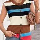 Tankaneo Womens Color Block Striped Sweater Vest Tops Summer Casual Button Up Knit Sleeveless Cardigan Tank Tops (L)