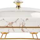 12" x 8" Ceramic Casserole Dish with Glass Lid and rack, 1.6 Quart Serving Soup Tureen,Chafing Dish for Buffet, Family Food Preserve Tray, Catering Casserole for Party Style