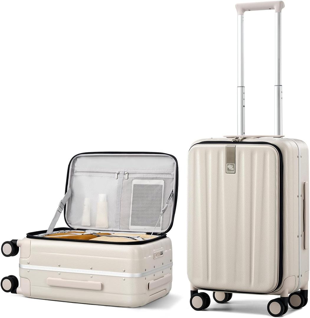 Hanke 20 Inch Carry On Luggage with Wheels PC Hard Shell Suitcase Top Opening Aluminum Frame Travel Luggage Suitcases for Woman Men Gifts.(Ivory White)