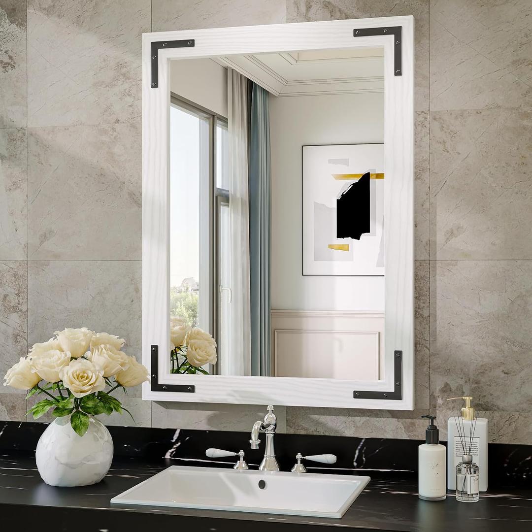 White Farmhouse Bathroom Mirror, 22x30 Inch White Wooded Framed Vanity Mirror for Wall, Rectangular Rustic Wall Decor Mirrors for Entryway Living Room Bedroom