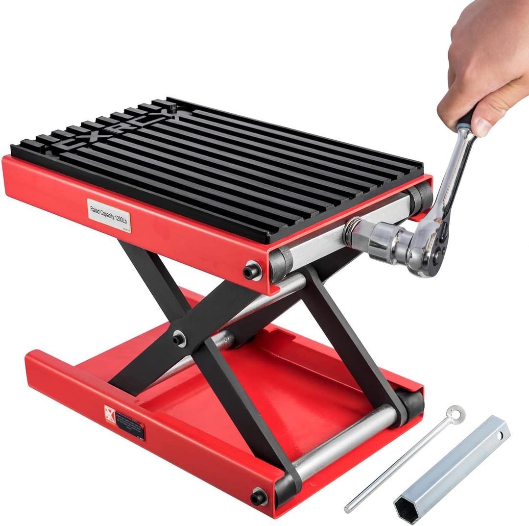 CXRCY 1200 LBS Motorcycle Lift Scissor Jack Upgraded Dirt Bike ATV Steel Motorcycle Hoist Stand with Ratchet Wrench,Crank Handle,Thickened Rubber Pad,Wide Deck (Red)