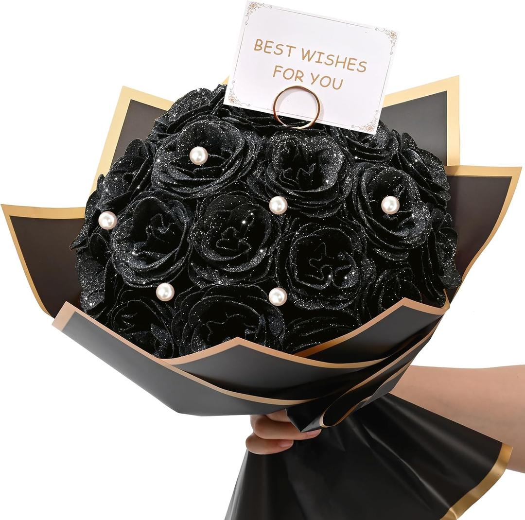 Waipfaru Black Glitter Roses Bouquet, DIY Fake Flowers Bouquet, Artificial Rose Bouquet for Valentines, Anniversary, Engagement, Wedding, 24 Roses