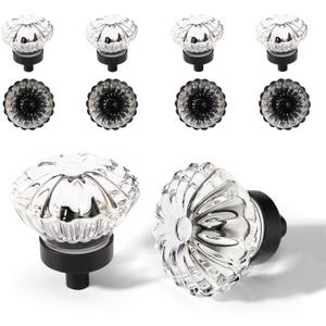 Flower Crystal Cabinet Knobs Cabinets Knob, 8 Pack Matte Black Base and Clear Crystal Small Pull for Closet Dresser Drawers Cupboard Wardrobe, Vintage Solid Alloy Retro Pulls Old Fashioned Handle