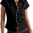 Women's Short Sleeve Button Down Shirt Summer Collared Blouse Trendy Casual Tops 2026 (M)