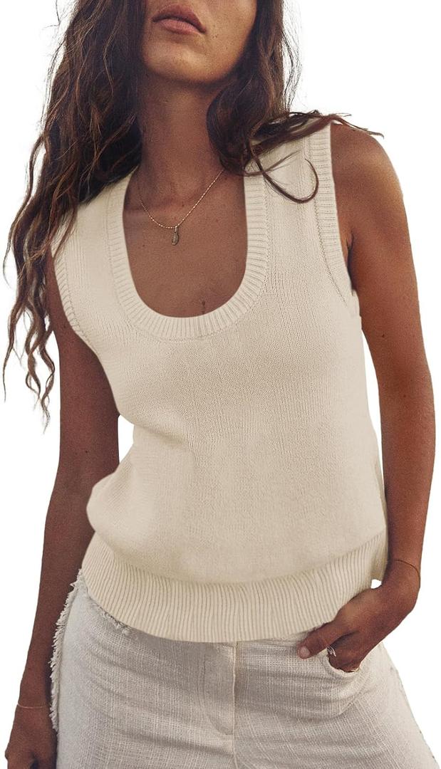 Saodimallsu Womens Summer Sweater Vest Sleeveless Ribbed Knit Tank Tops Going Out Casual Basic Scoop Neck Tshirt (Large, Beige)