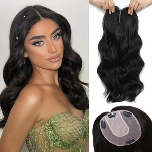 NAYOO Synthetic Clip In Hair Toppers with Bangs for Women, Black, 16inch Wavy
