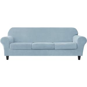 CONRUSER Stretch Sofa Slipcover, Soft Velvet Sofa Covers for 3 Cushion Couch Thick Furniture Protector for Pets & Kids (Light-blue, L)