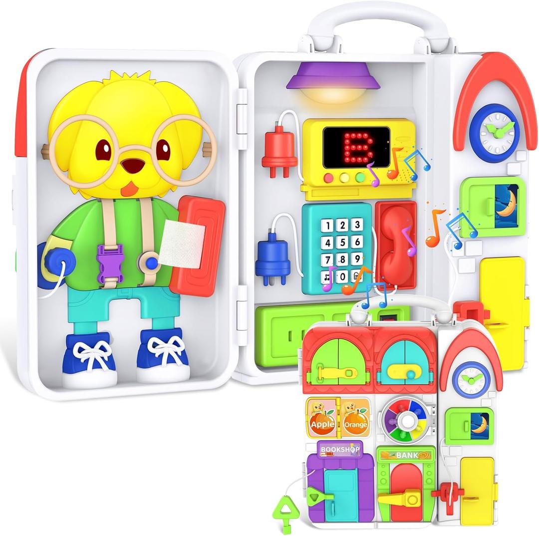 Toddler Toys for 1-2 Year Old Boy, Musical Montessori Busy Board, Early Educational Toy for Toddlers 1-3, Motor Skills Developmental Toy for 12-18 Month Age, Birthday Gift for 1+ Year Old Boy Girl, 3 Sides