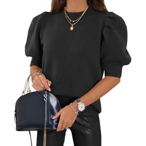 WIFFGO Womens Puff Short Sleeve Sweaters Tops Crew Neck Trendy Casual Knit Comfy Loose Fall Sweater Jumper Outfits Black M
