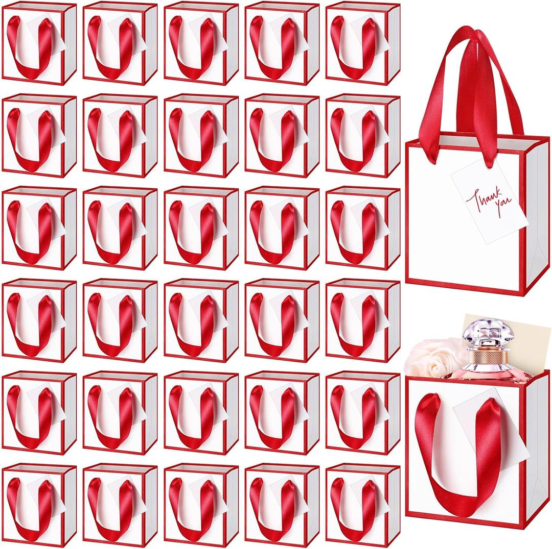 Yeaqee 50 Pcs Mini Metallic Paper Gift Bags with Handles 4x2.75x4.5'' Tiny Small Gift Bags with Thank You Tag for Valentine Wedding Birthday Welcome Return Gifts Small Business(White, Deep Red)