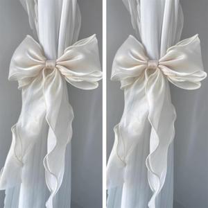 2 Pack French Silky Bow Curtain Tiebacks, Elegant Lace Ribbon for Curtains Decorative Rope Accessories Home Dcor (White,2)