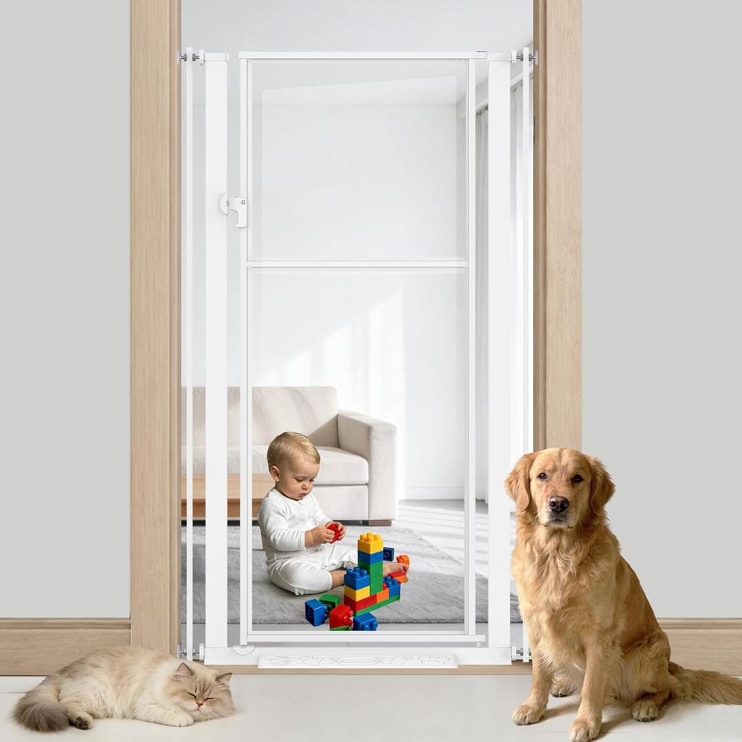 56" Extra Tall Baby Gate,Pressure Mount Clear Acrylic Cat Gate for Doorways,No Drilling Dog Gate Indoor,29.5-33.5" Wide Pet Safety Barrier for Hallway House-White S