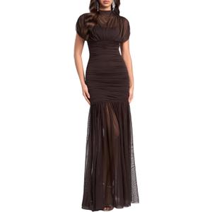 DOUMIFLY Women's Elegant Formal Long Dress Sleeveless Ruched Bodycon Evening Dress (Brown, S)