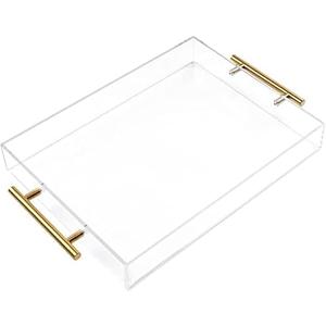 12"x16" Clear Acrylic Serving Tray with Golden Handles, Sturdy Huge Capacity Acrylic Tray for Coffee, Juice, Kitchen and Desk Organizer, Storage Tray (12"x16")