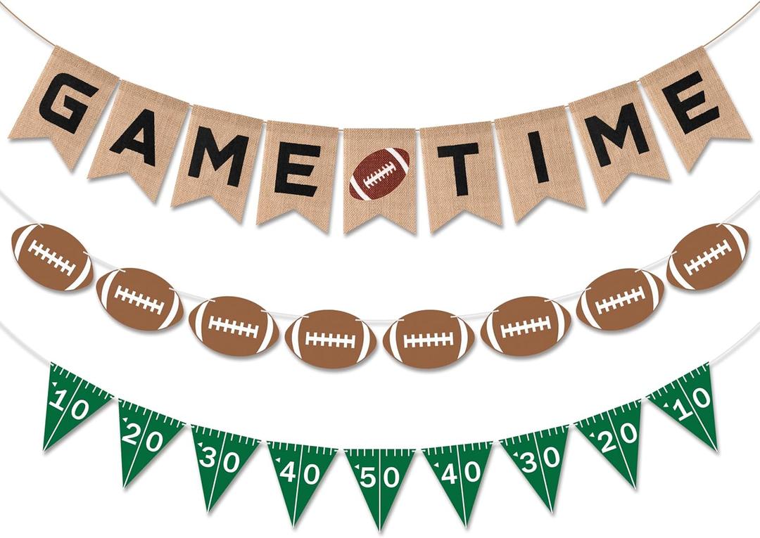 Football Burlap & Felt Banners - NO DIY 3pcs Football Banner Game Time Yard Line Hanging Decoration Sports Rustic Bunting Flag Photo Prop for Baby Shower Game Day Birthday Party Supplies (Score)