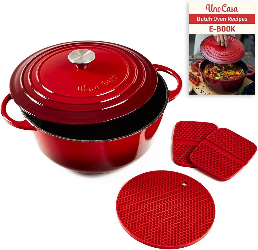 Uno Casa Enameled Cast Iron Dutch Oven - Red - 6Qt Dutch Oven Pot with Lid, Long-Lasting Enamel Casserole Dish for Bread Baking, Stews, and Roasting - Durable Non-Stick Iron Cookware for Versatile Cooking