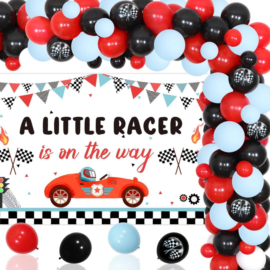 Race Car Baby Shower Decorations, A Little Racer is on the Way Backdrop Red Black Balloon Garland Arch Kit with Flag Print Latex Balloon for Vintage Lets Go Racing Party Supplies