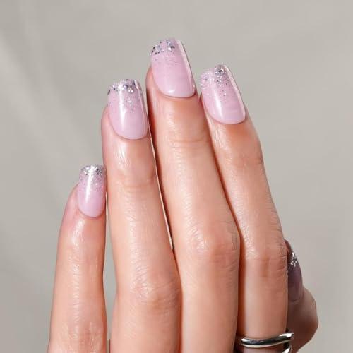 Frinail Press On Nails for Women 30Pcs 15 Sizes, Shimmery Pearl Short Square Fake Nails Kit, Shimmery Pink Glue On Nails, Artificial Nails with Glue for Narrow Short Wide Flat Nail Beds