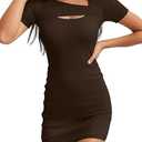Valiamcep Women's Summer Mini Dress Short Sleeve Square Neck Cut Out Sexy Ribbed Knit Fitted Casual Pencil Bodycon Dresses Small, 