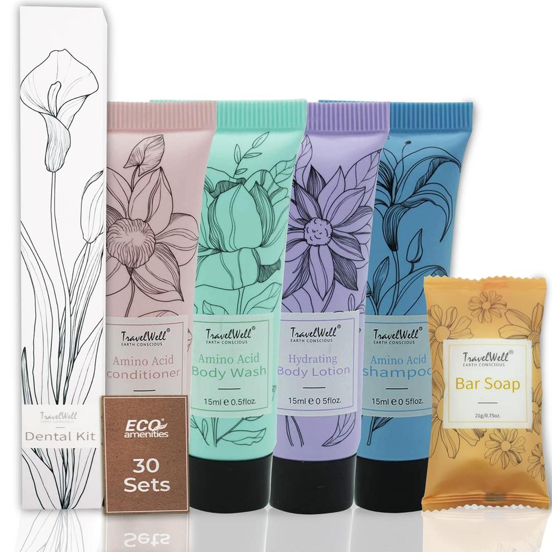 Travel Size Toiletries Bulk Set - AirBnB Essentials for Guests - 180 Items (30 pieces each of Mini Shampoo, Conditioner, Soap Bars, Lotion, Body Wash, Dental Kit)