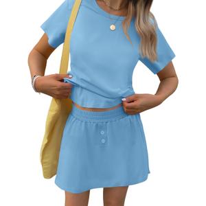 TCOT Pajamas for Women Set Summer Fashion Short Sleeve Crewneck Tops with Skirt Sets Pajama Casual Loungewear (XL)