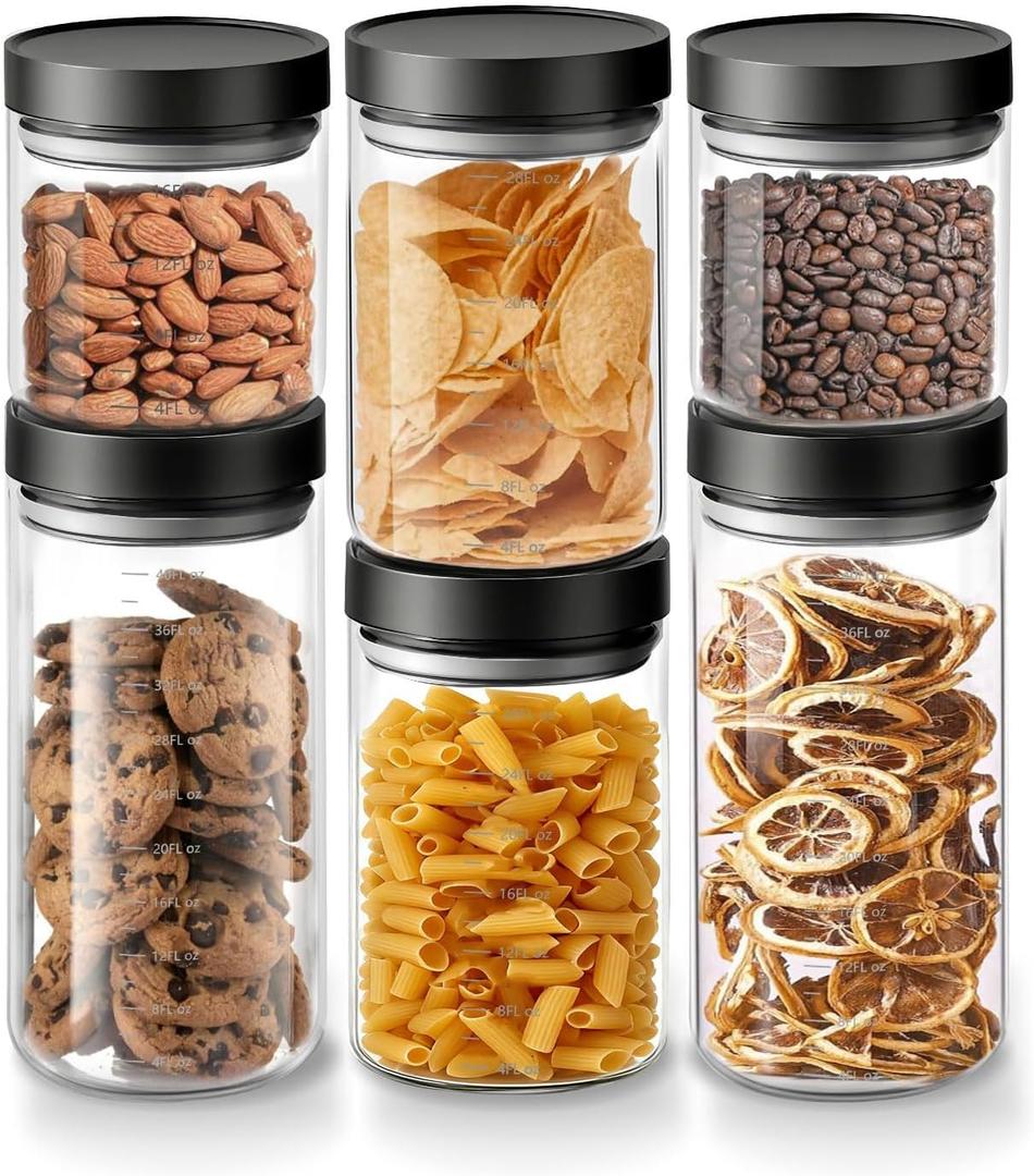 Danbark Set of 6 Mixed Sizes Airtight Glass Storage Canisters with Lids - Pantry Organizers and Storage Glass for Kitchen - for Pantry, Flour, Sugar, Coffee, Tea, Pasta, Rice, and Snacks - Black (18oz*2/30oz*2/42oz*2)
