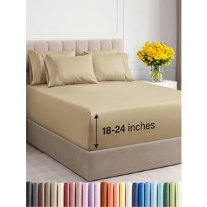 Extra Deep Queen Sheet Set - 6 Piece Breathable & Cooling Sheets - Hotel Luxury Bedding Set w/18-24 Inch Extra Deep Pockets - Easy & Secure Fit - Super Soft, Wrinkle Free & Comfy - Beige, Queen Size