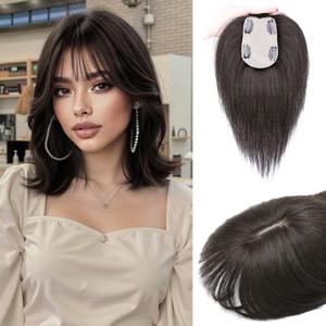 MOSINA Human Hair Toppers for Women Real Human Hair Toppers Hair Pieces for women 3.2" x 4.5" Silk Base Real Hair Toppers for Women with Thinning Hair(Brown Black) (3D Bangs(8*11))