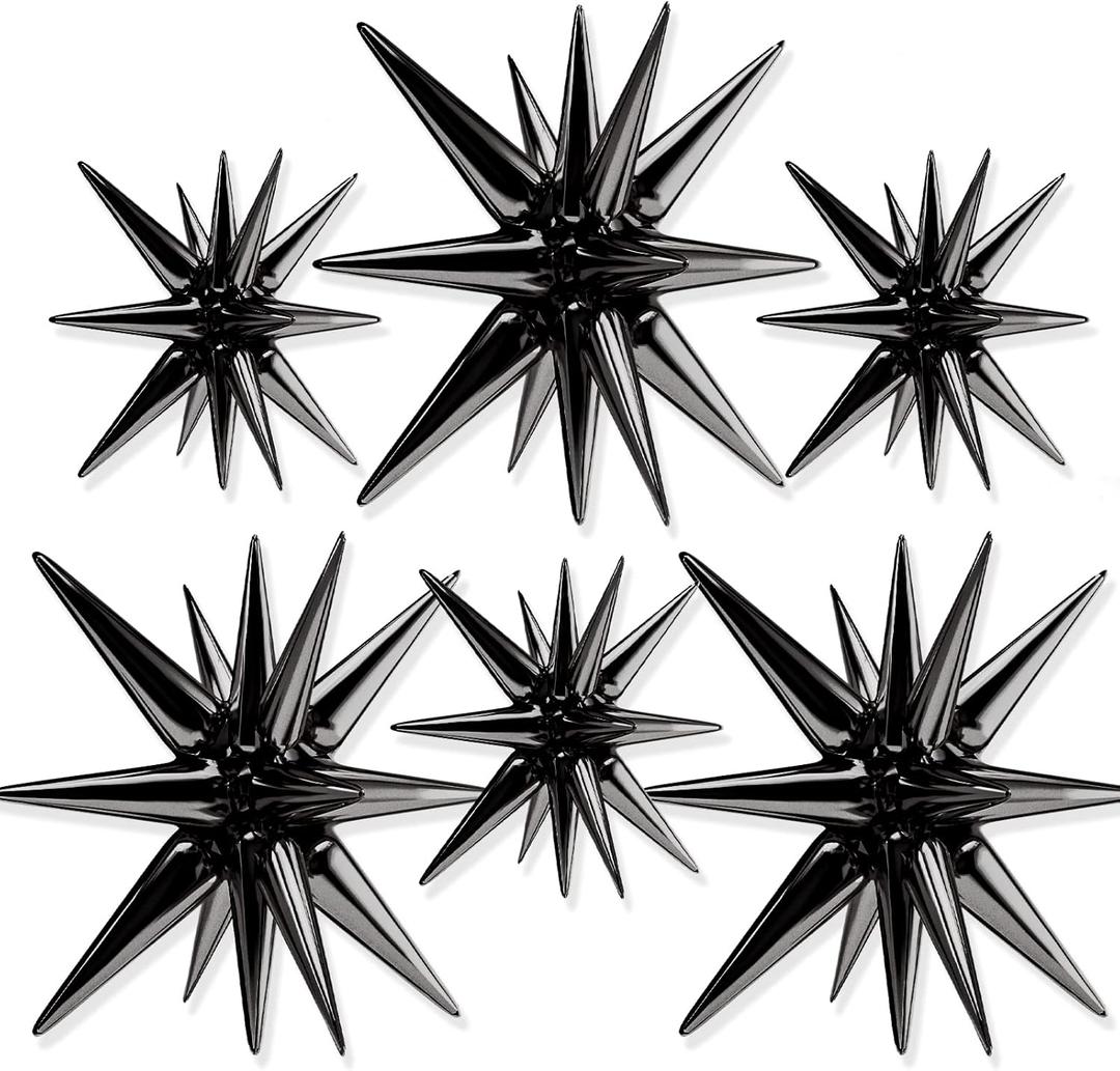 PartyWoo Black Star Foil Balloons 6pcs Different Sizes Pack of 27 22 Inch Large Black Explosion Spike Mylar Balloons for Graduation Birthday Retirement Anniversary Space Theme Party Decorations