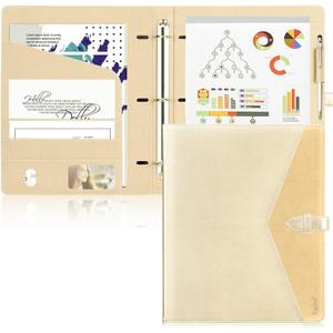 Toplive Padfolio 3 Ring Binder Organizer Business Portfolio Folder for Women, A4/ Letter Size PU Leather Portfolio Padfolio for Interview Conference Presentation, Gold